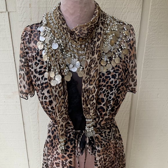 Jordan Taylor sheer tropical tribal short sleeve belted swim coverup wrap NWT  M - Picture 5 of 15